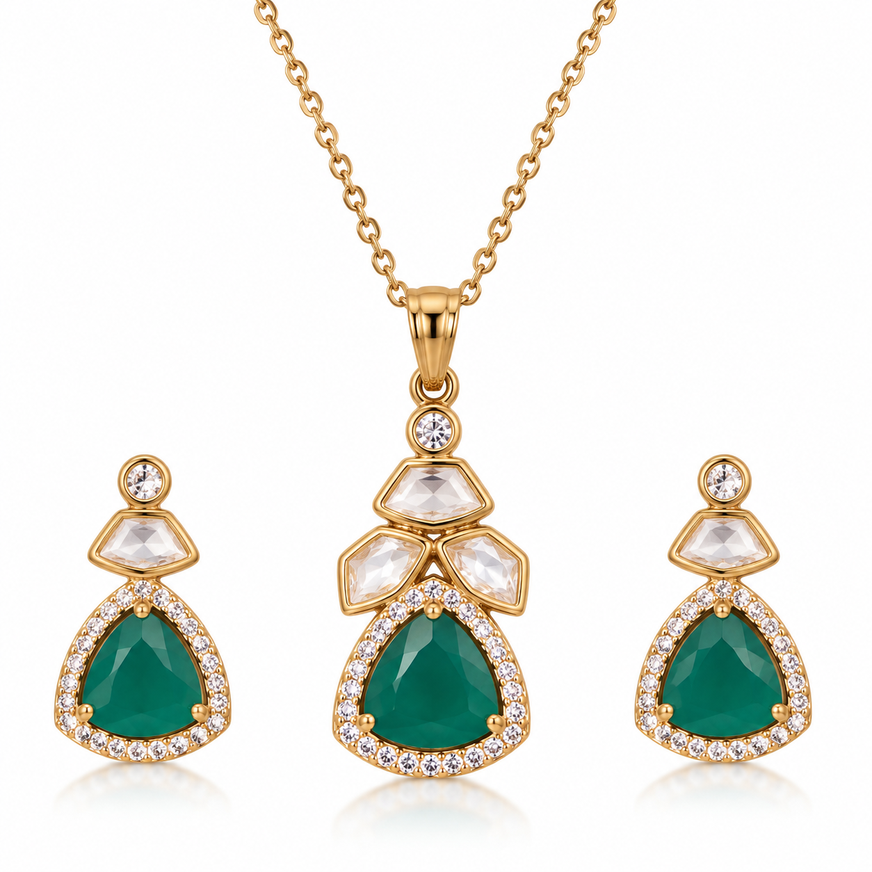 Green Stone Gold-Tone Necklace & Earrings Set