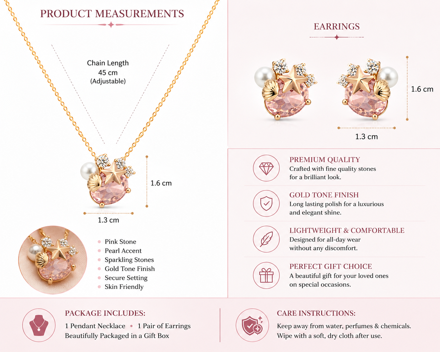 Pink Crystal Star Floral Necklace & Earrings Set