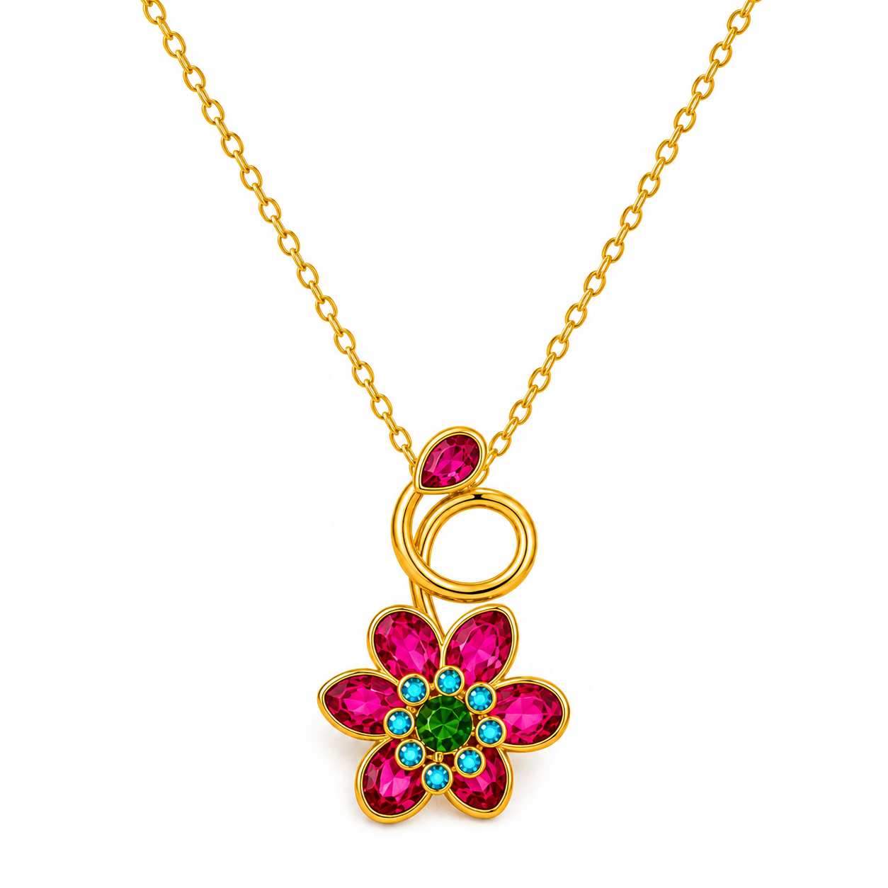 Multicolor Floral Gold-Tone Pendant Necklace with Pink, Green & Blue Stones
