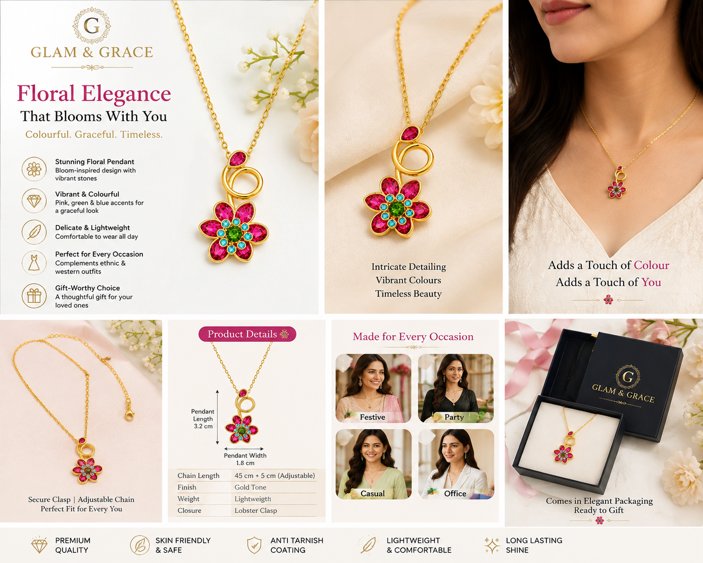 Multicolor Floral Gold-Tone Pendant Necklace with Pink, Green & Blue Stones