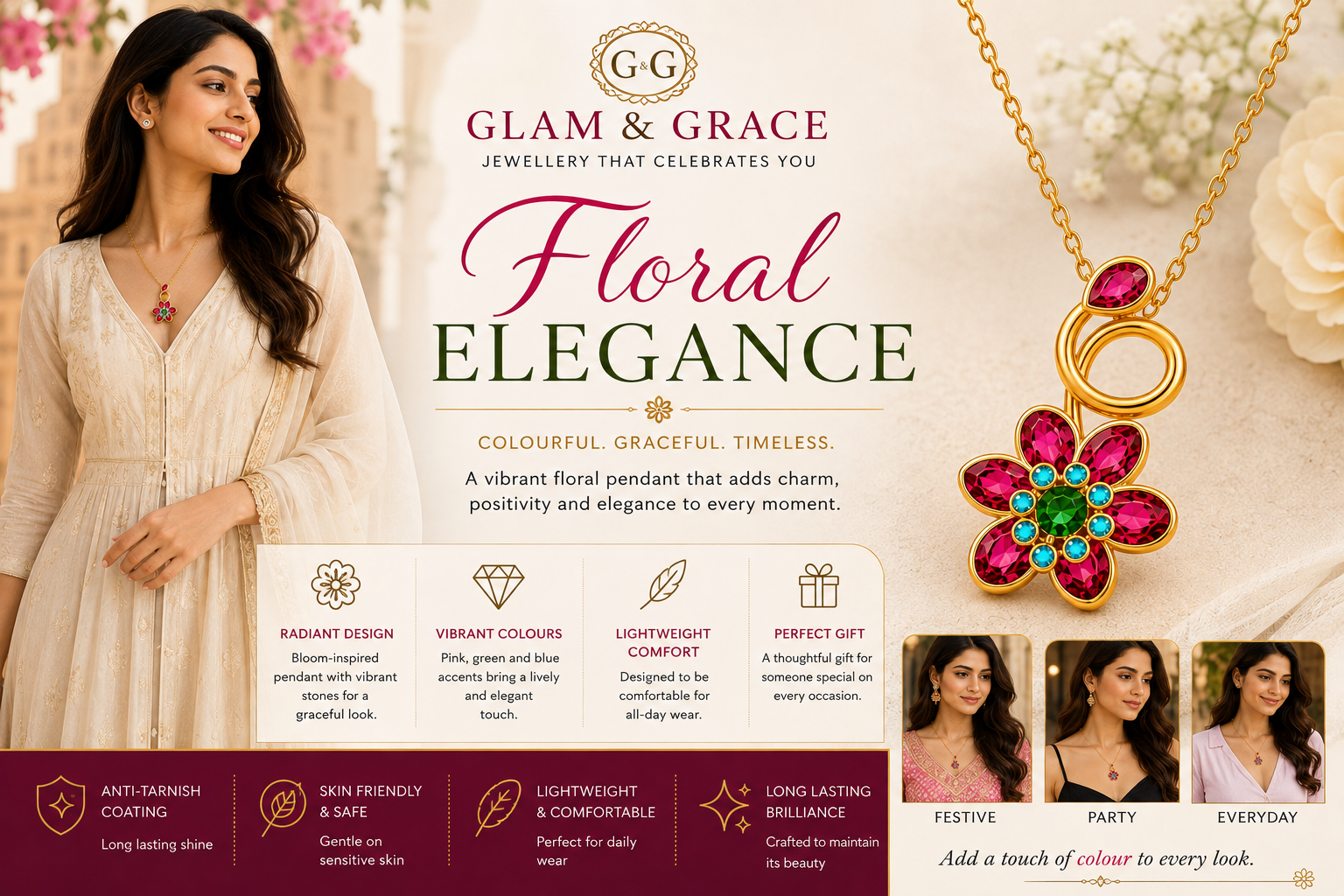 Multicolor Floral Gold-Tone Pendant Necklace with Pink, Green & Blue Stones