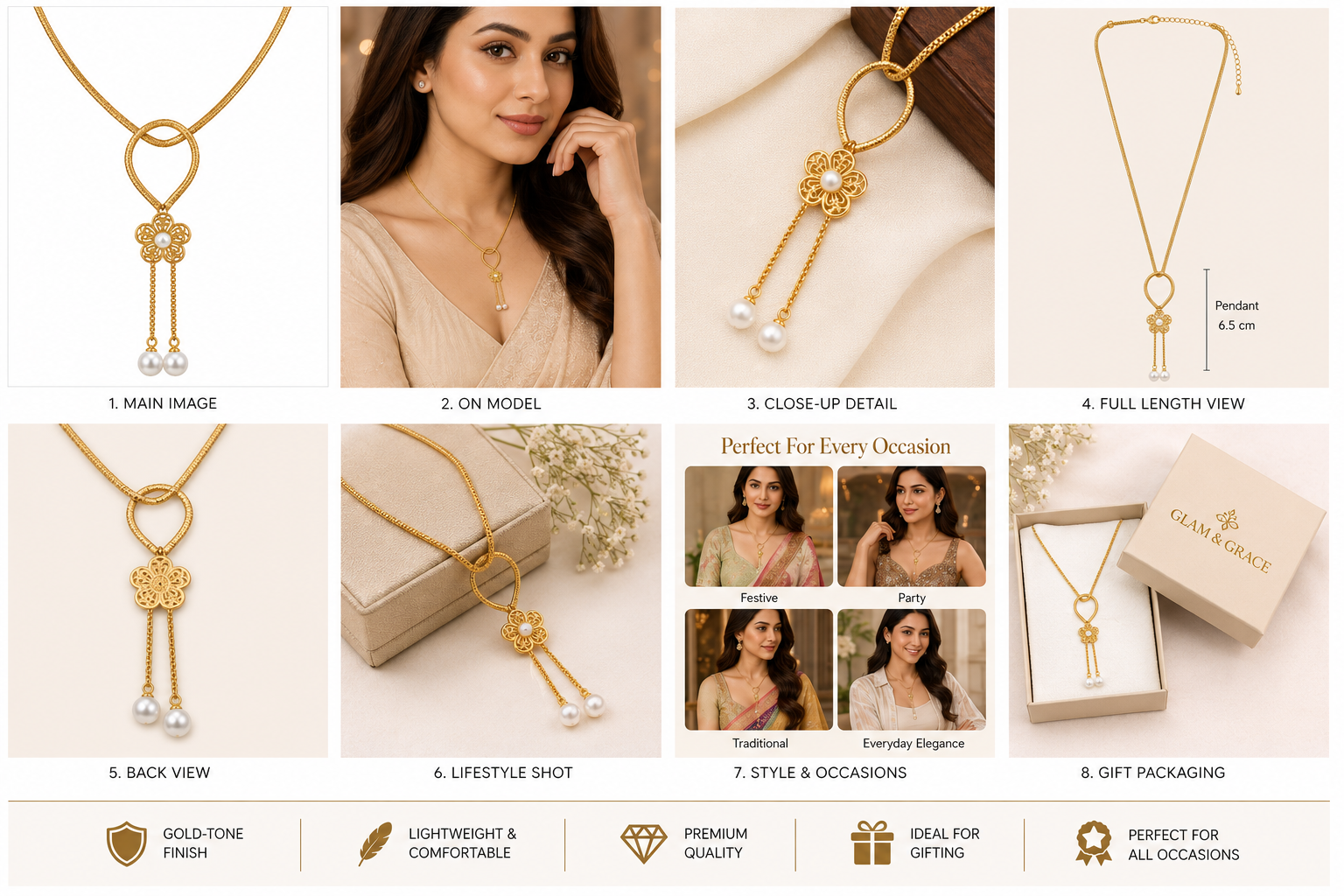 Gold-Tone Floral Loop Pendant Necklace with Pearl Drops