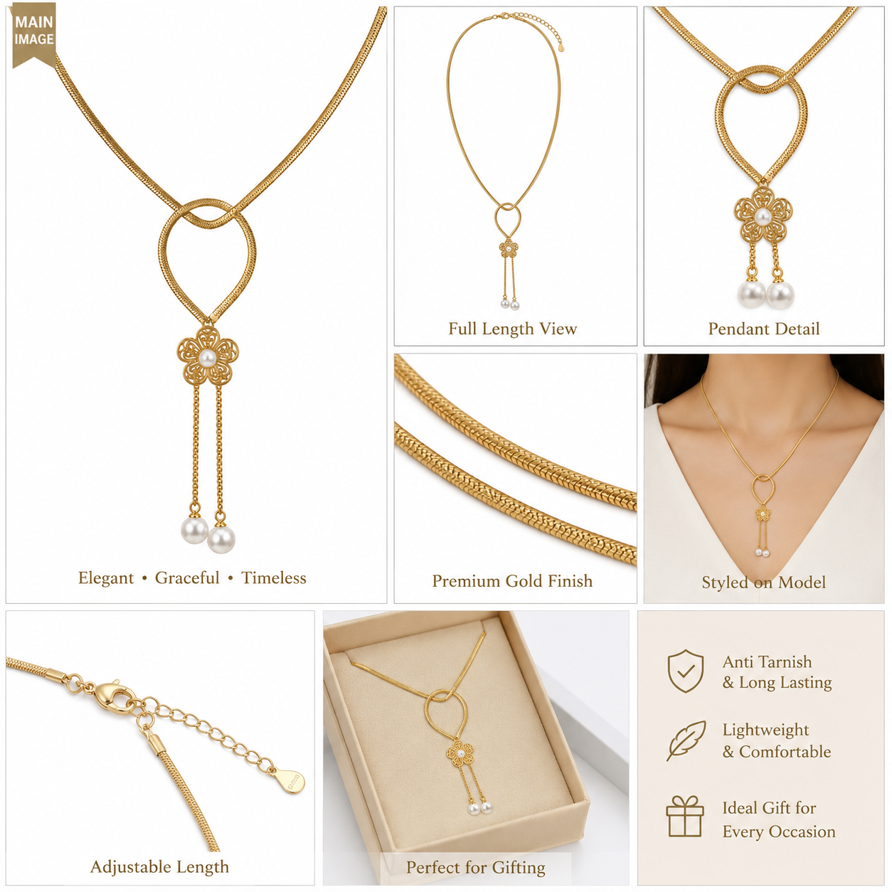 Gold-Tone Floral Loop Pendant Necklace with Pearl Drops