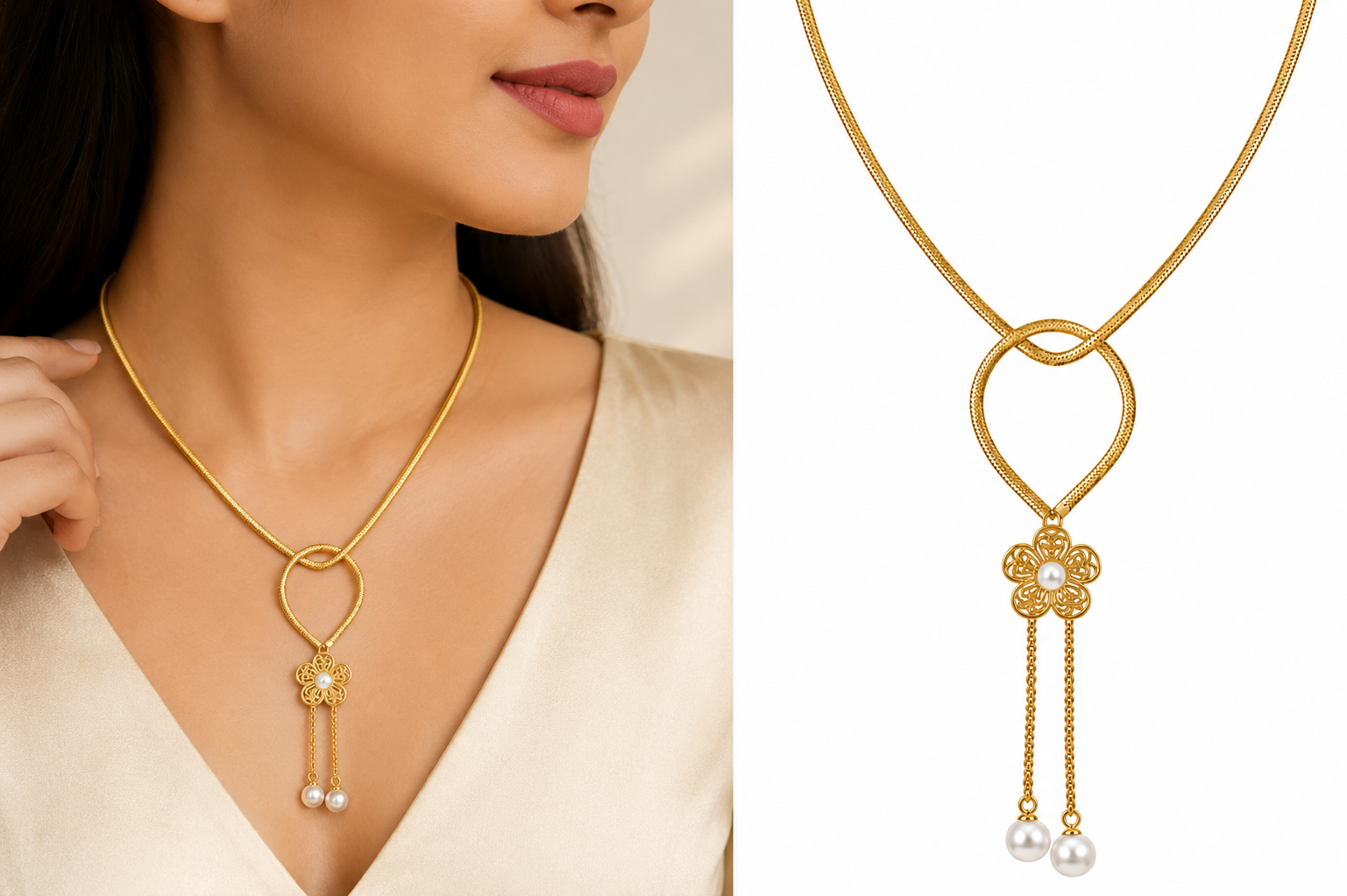 Gold-Tone Floral Loop Pendant Necklace with Pearl Drops