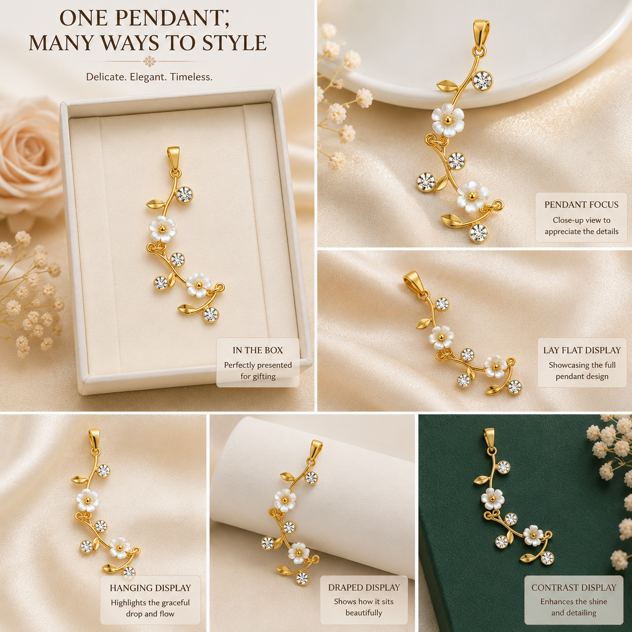White Floral Gold-Tone Necklace with Crystal Detailing