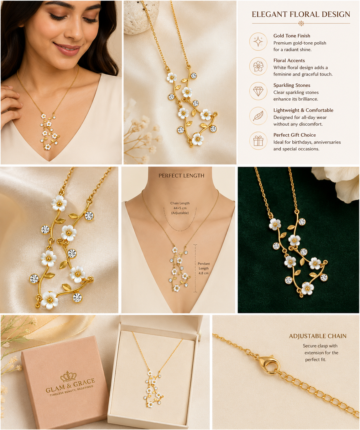 White Floral Gold-Tone Necklace with Crystal Detailing