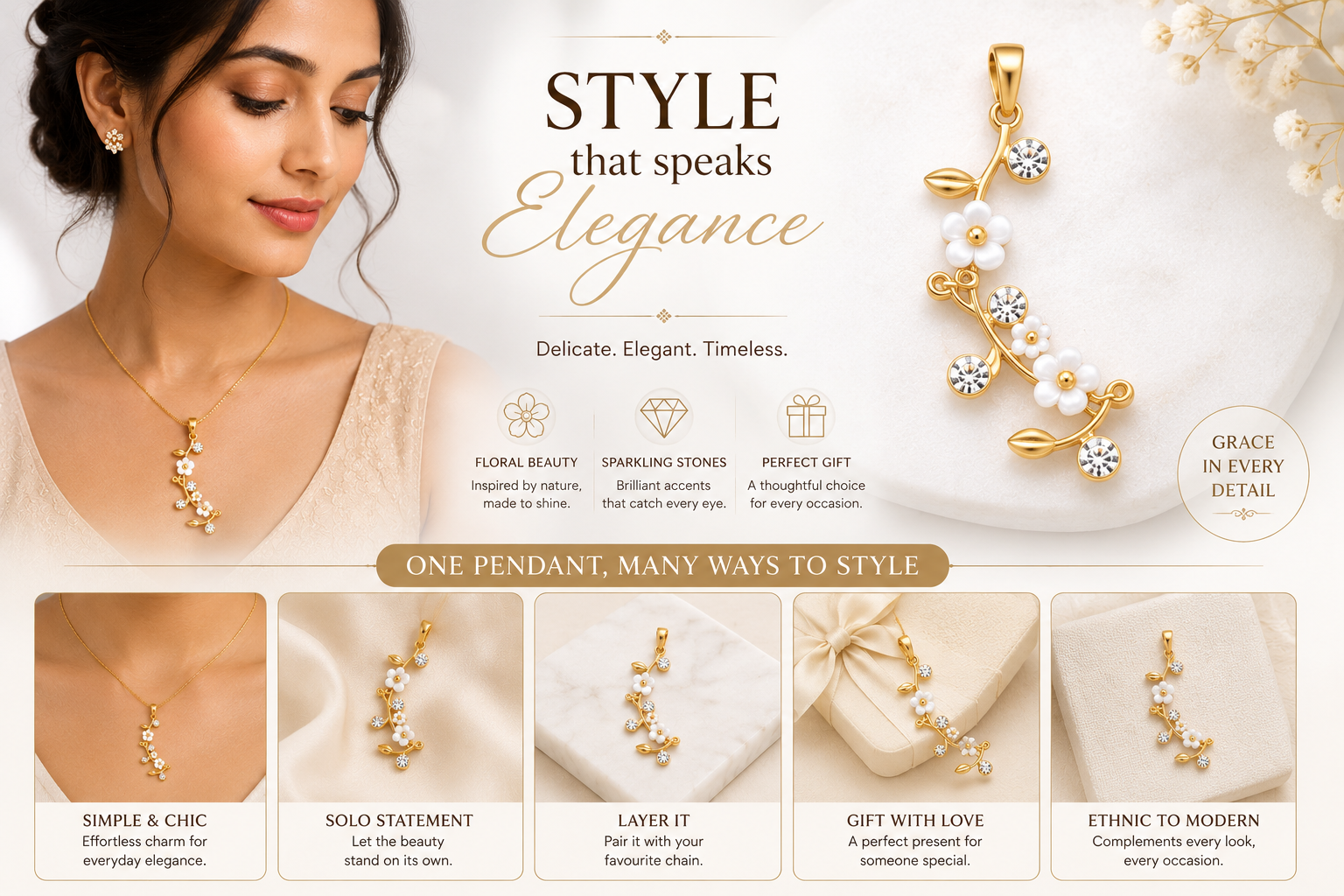 White Floral Gold-Tone Necklace with Crystal Detailing