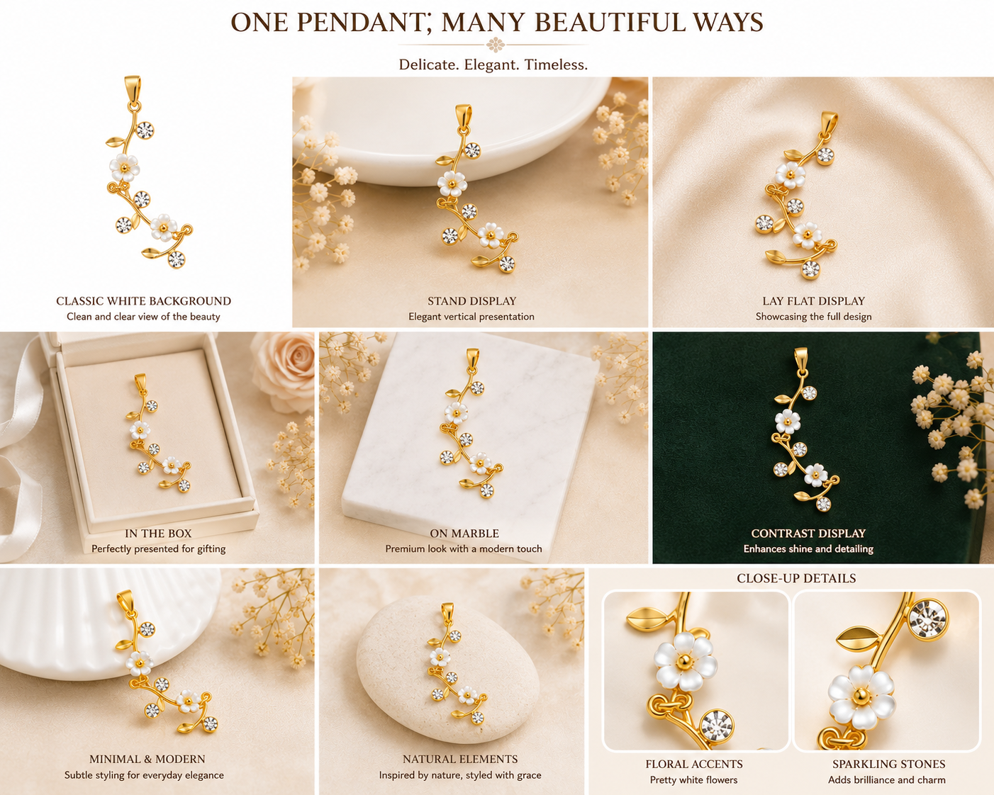 White Floral Gold-Tone Necklace with Crystal Detailing