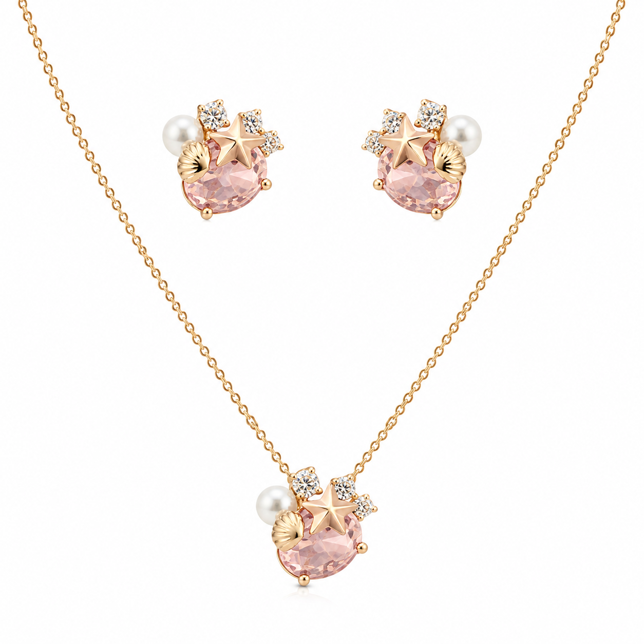 Pink Crystal Star Floral Necklace & Earrings Set