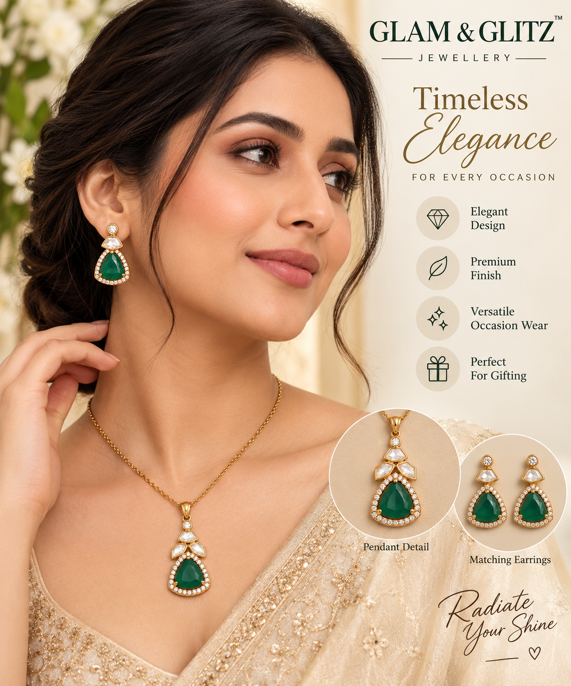 Green Stone Gold-Tone Necklace & Earrings Set