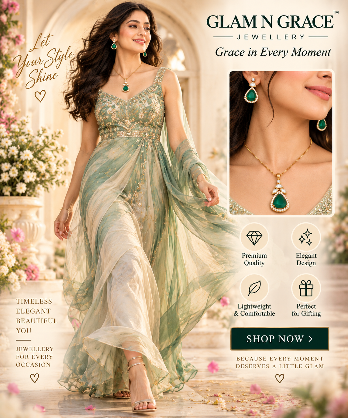 Green Stone Gold-Tone Necklace & Earrings Set