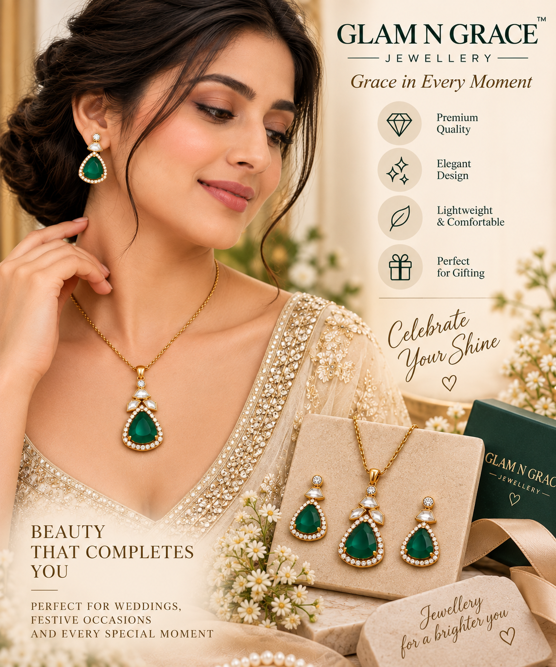 Green Stone Gold-Tone Necklace & Earrings Set