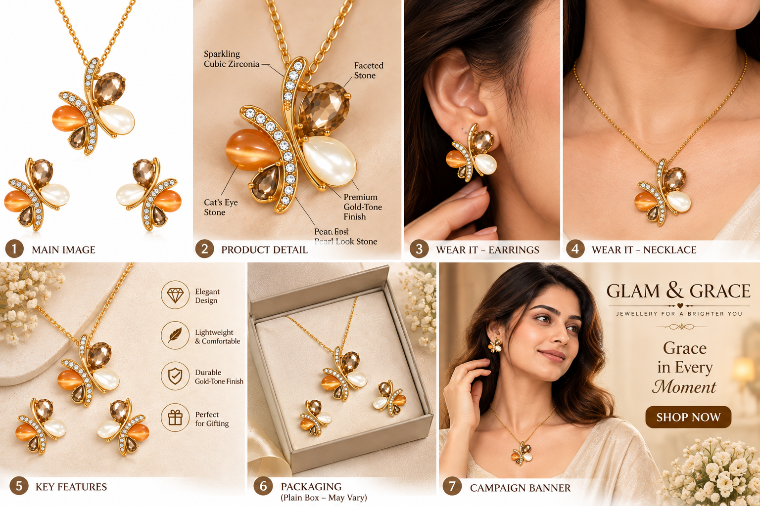 GLAM & GRACE Golden-Tone Butterfly Necklace & Earrings Set