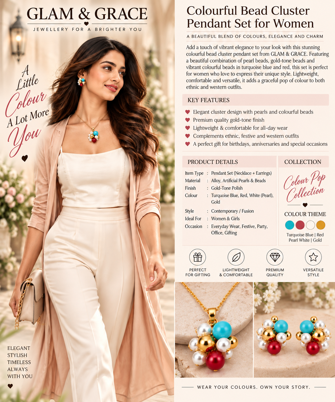 GLAM & GRACE Turquoise Blue, Red & Pearl Bead Necklace & Earrings Set