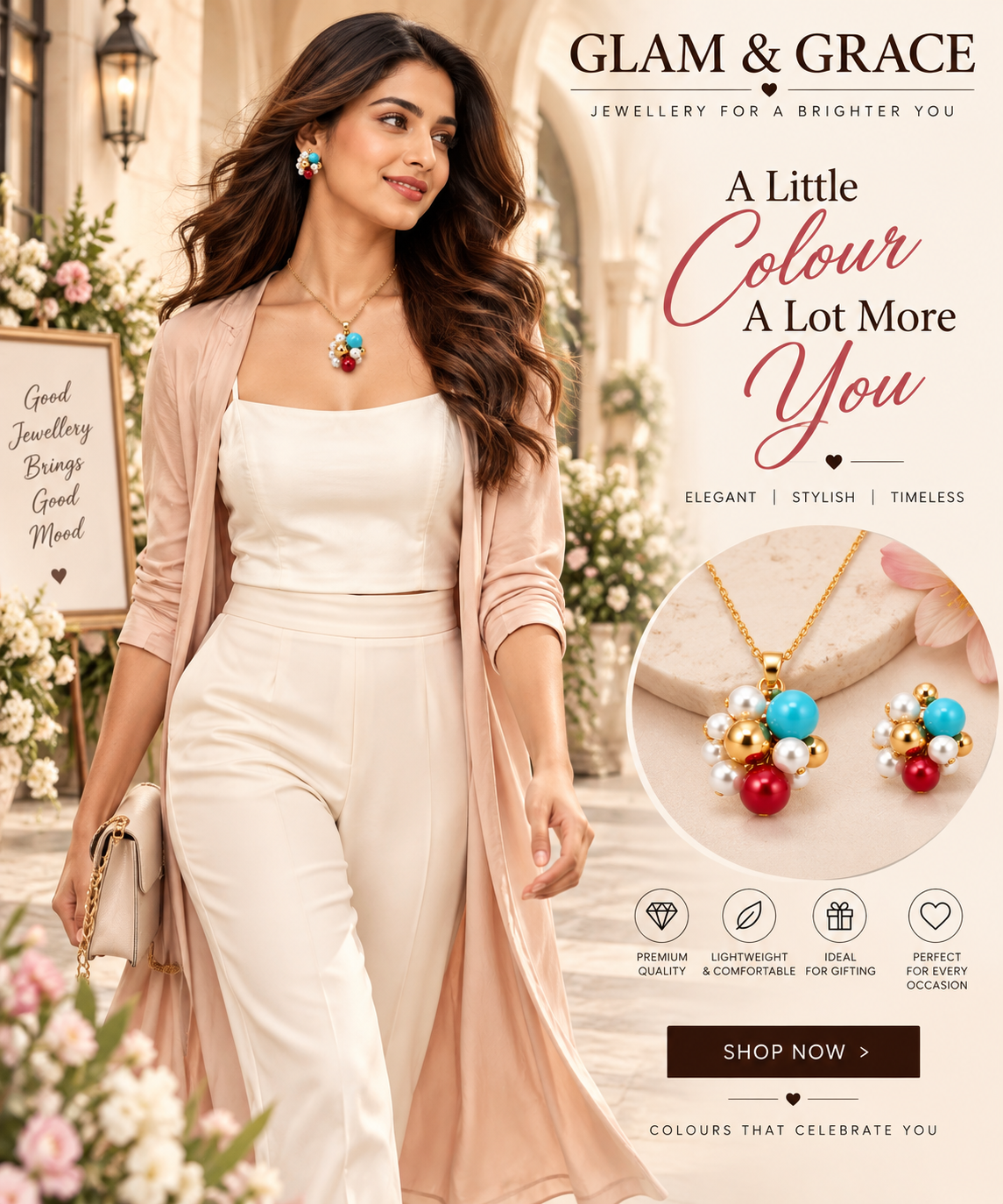 GLAM & GRACE Turquoise Blue, Red & Pearl Bead Necklace & Earrings Set