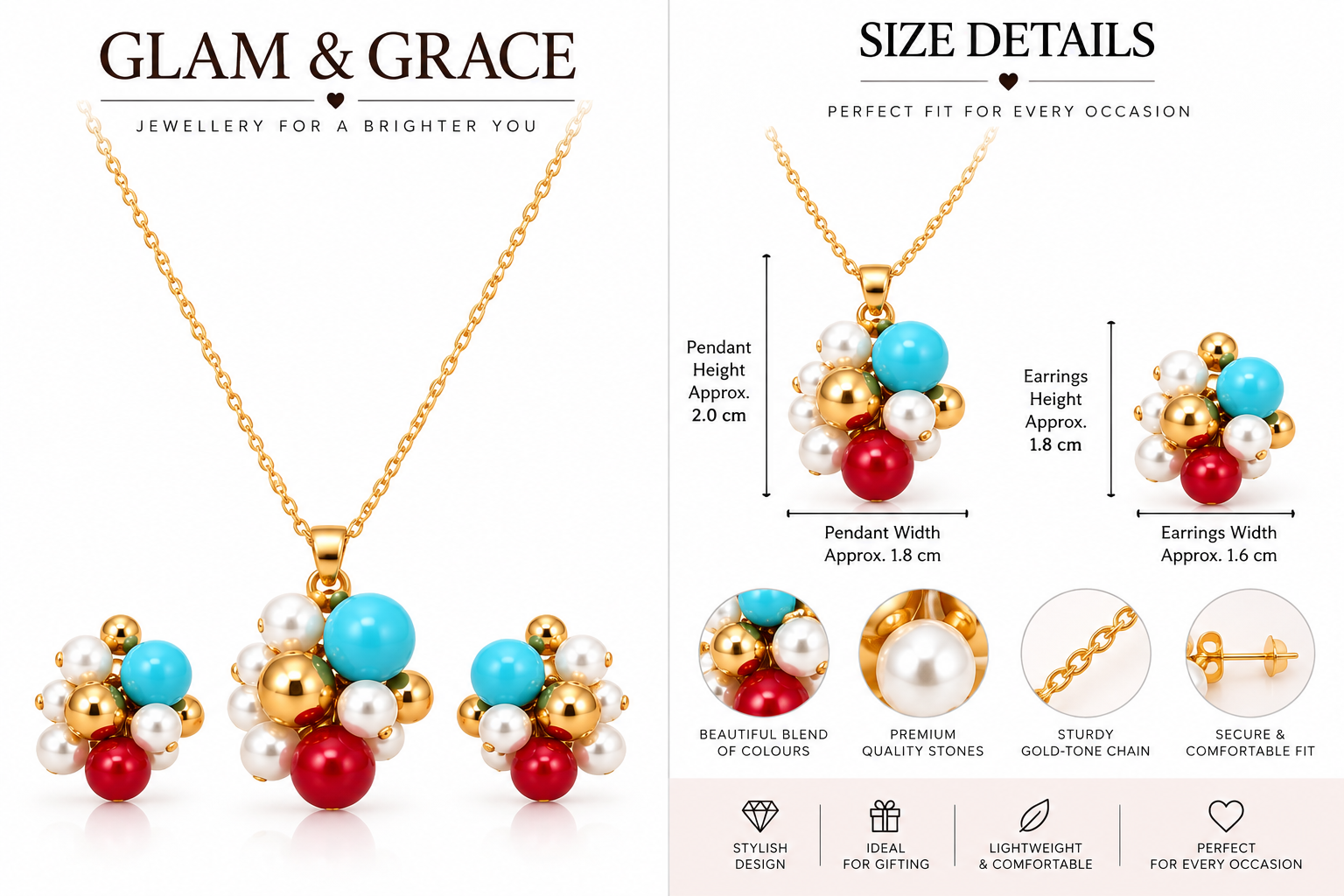 GLAM & GRACE Turquoise Blue, Red & Pearl Bead Necklace & Earrings Set