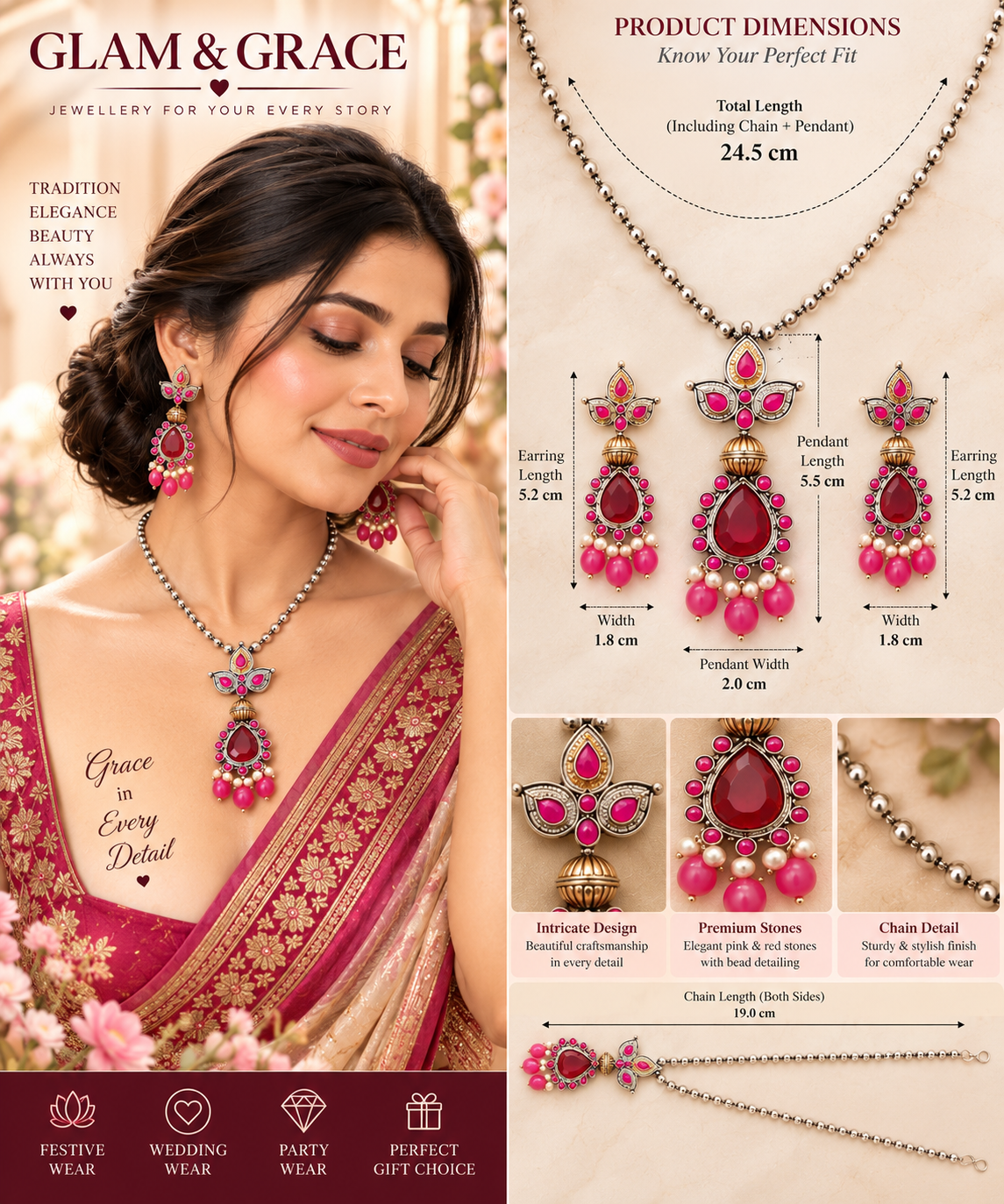 GLAM & GRACE Pink Stone Pendant Necklace & Earrings Set