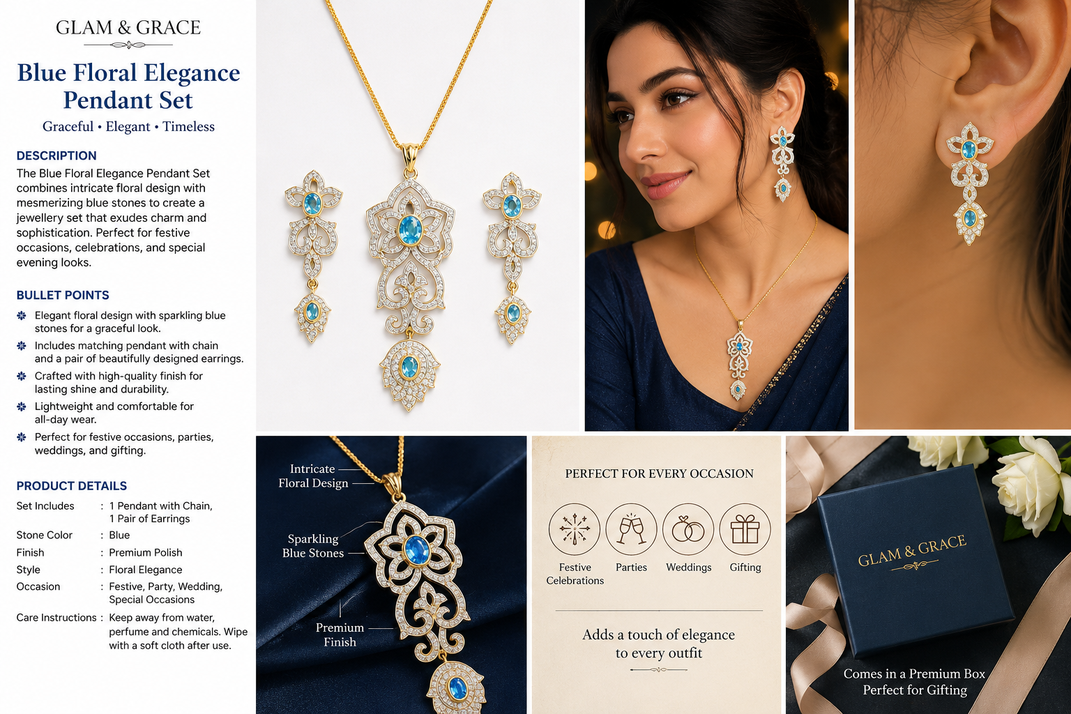 Blue Stone Floral Pendant Necklace & Earrings Set