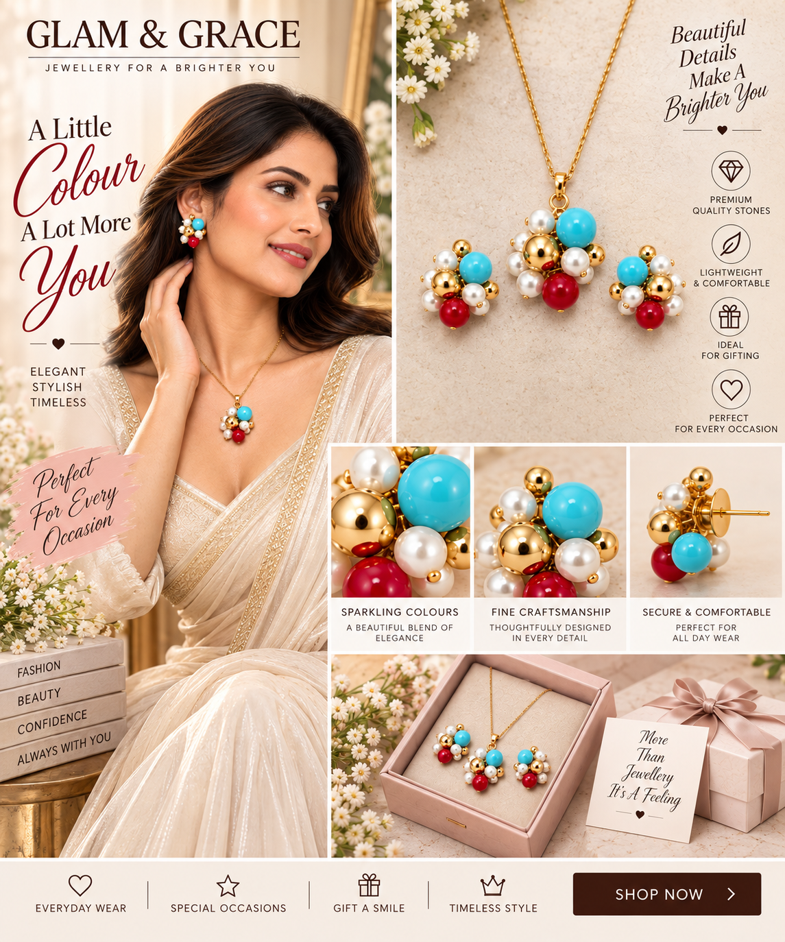 GLAM & GRACE Turquoise Blue, Red & Pearl Bead Necklace & Earrings Set