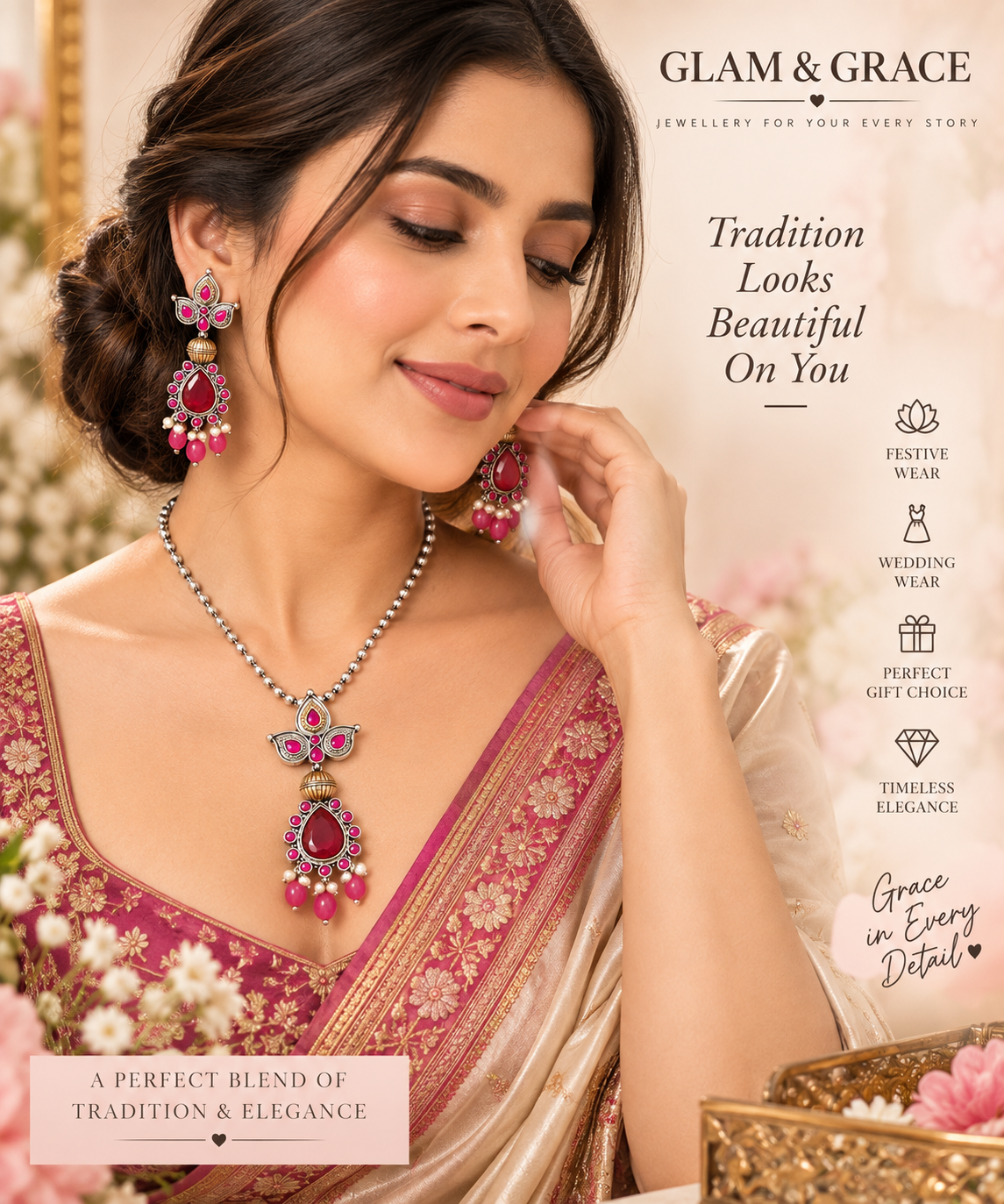 GLAM & GRACE Pink Stone Pendant Necklace & Earrings Set