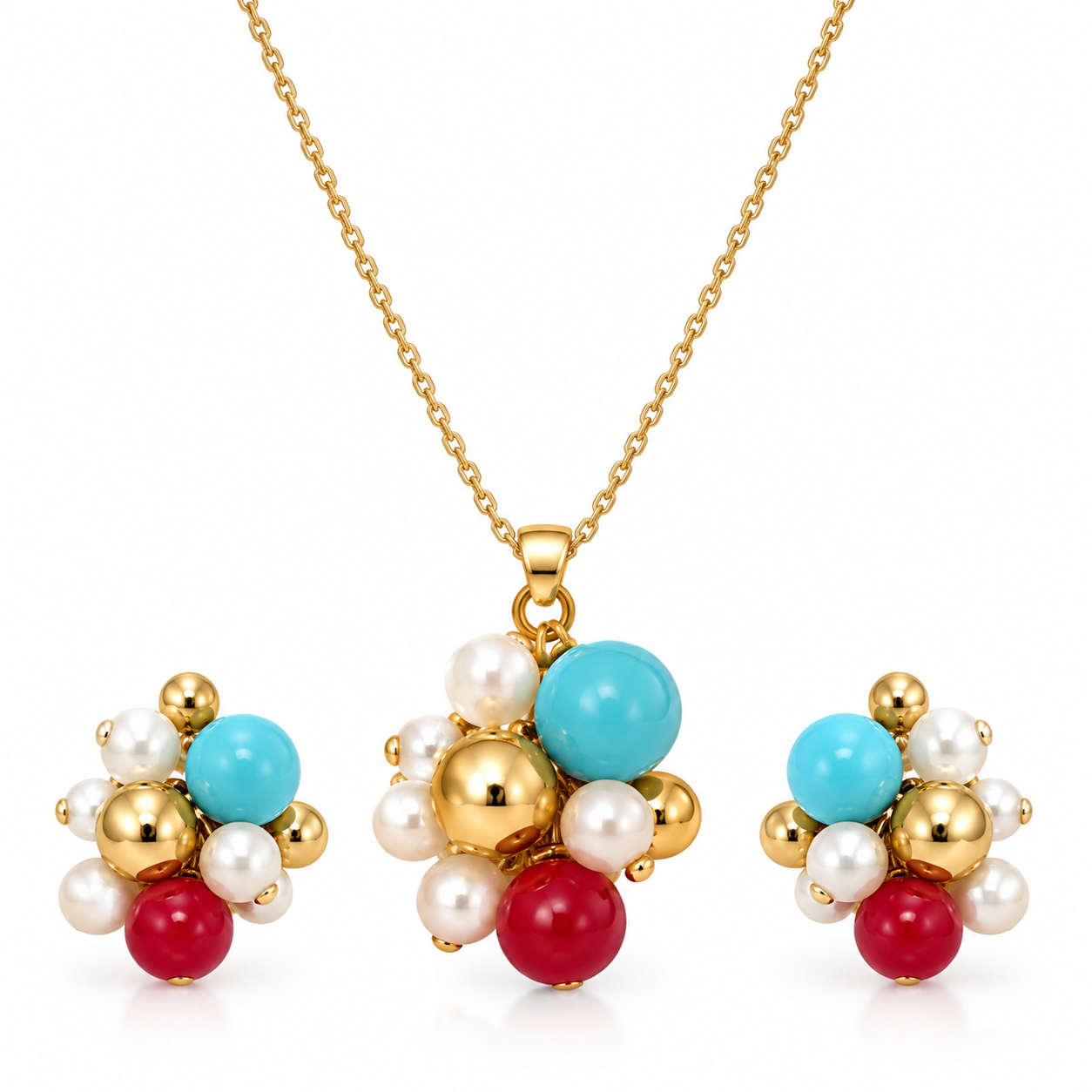 GLAM & GRACE Turquoise Blue, Red & Pearl Bead Necklace & Earrings Set