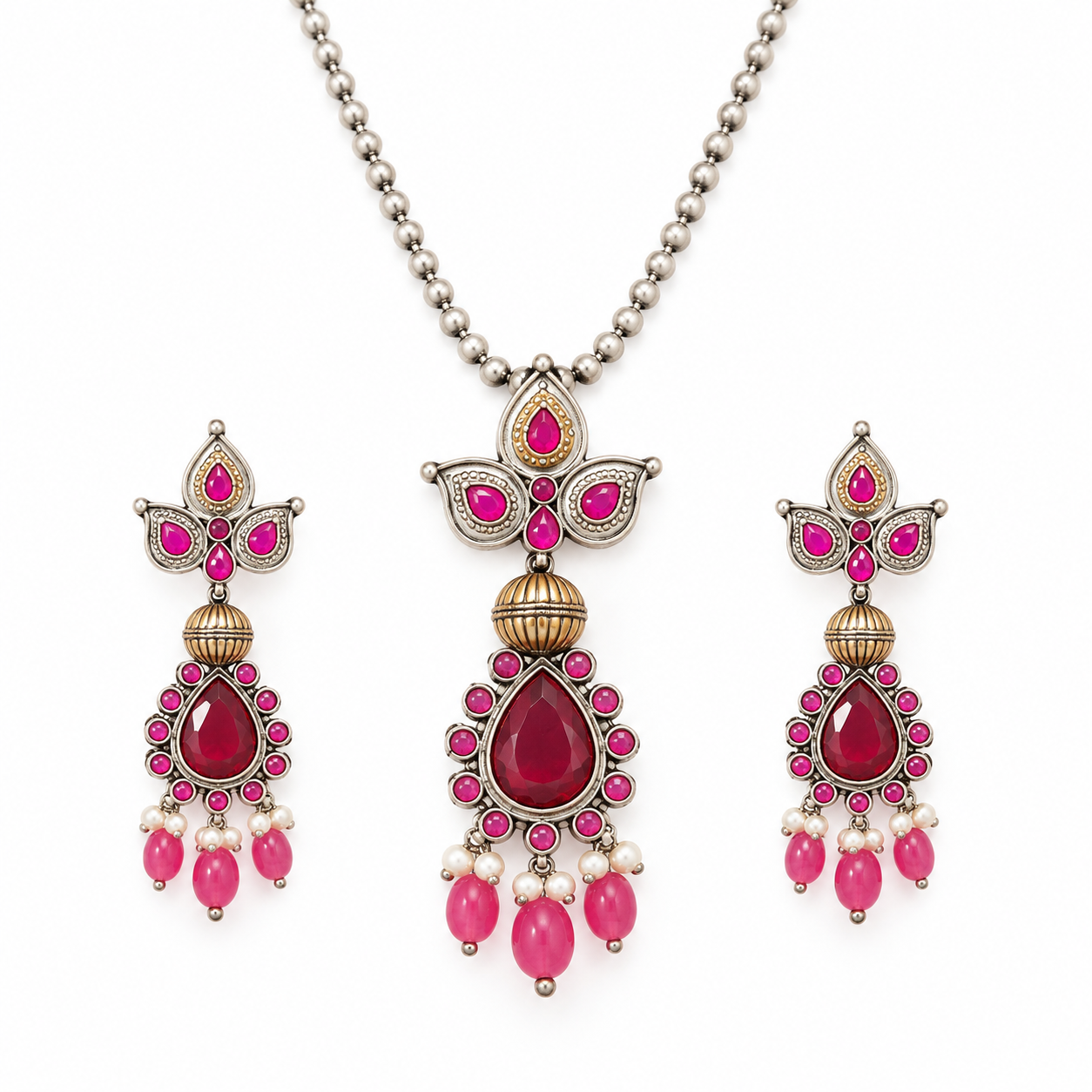 GLAM & GRACE Pink Stone Pendant Necklace & Earrings Set