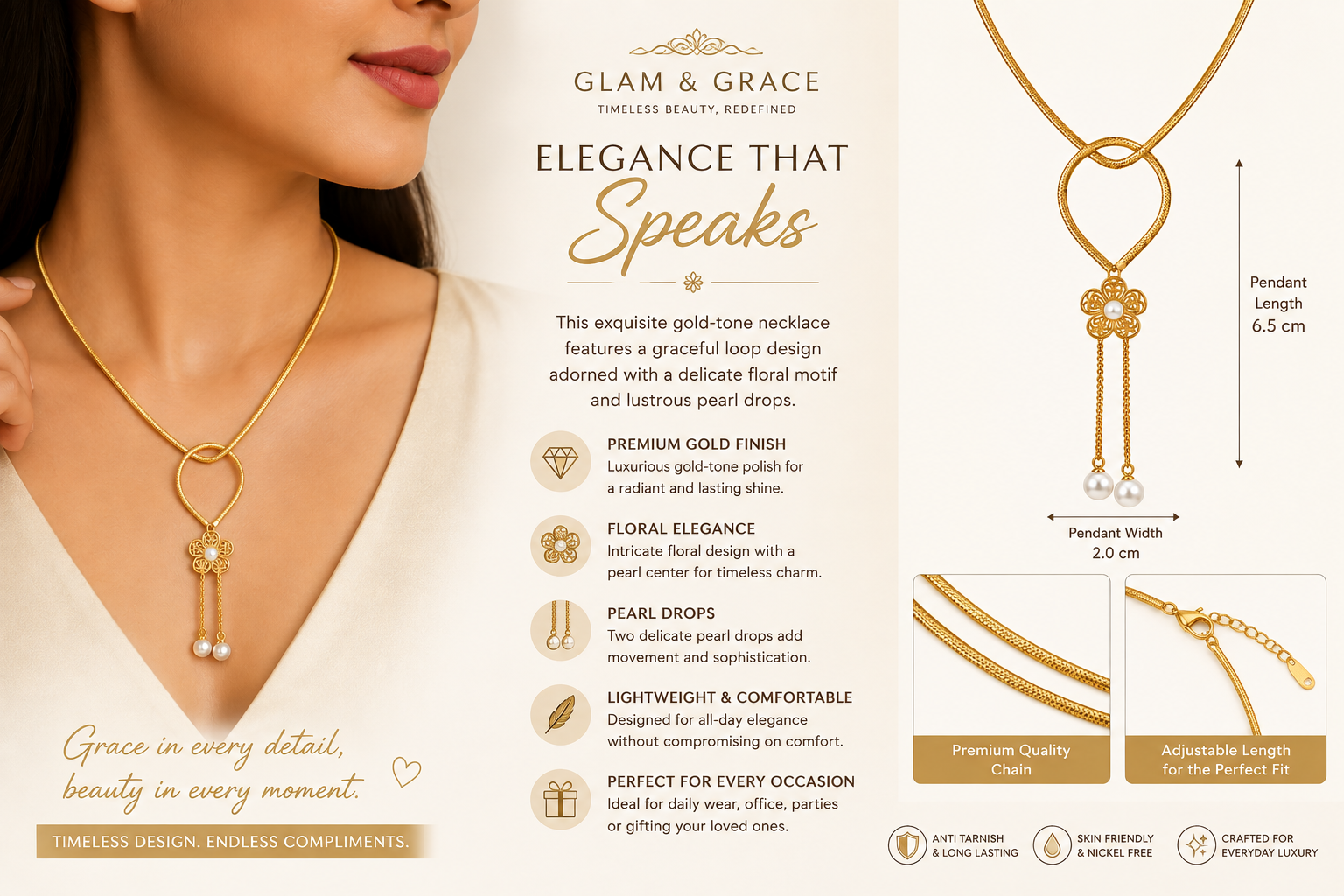 Gold-Tone Floral Loop Pendant Necklace with Pearl Drops