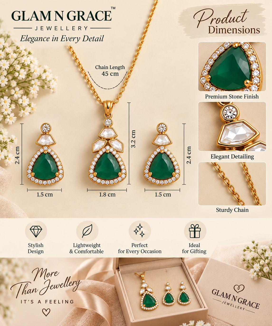 Green Stone Gold-Tone Necklace & Earrings Set