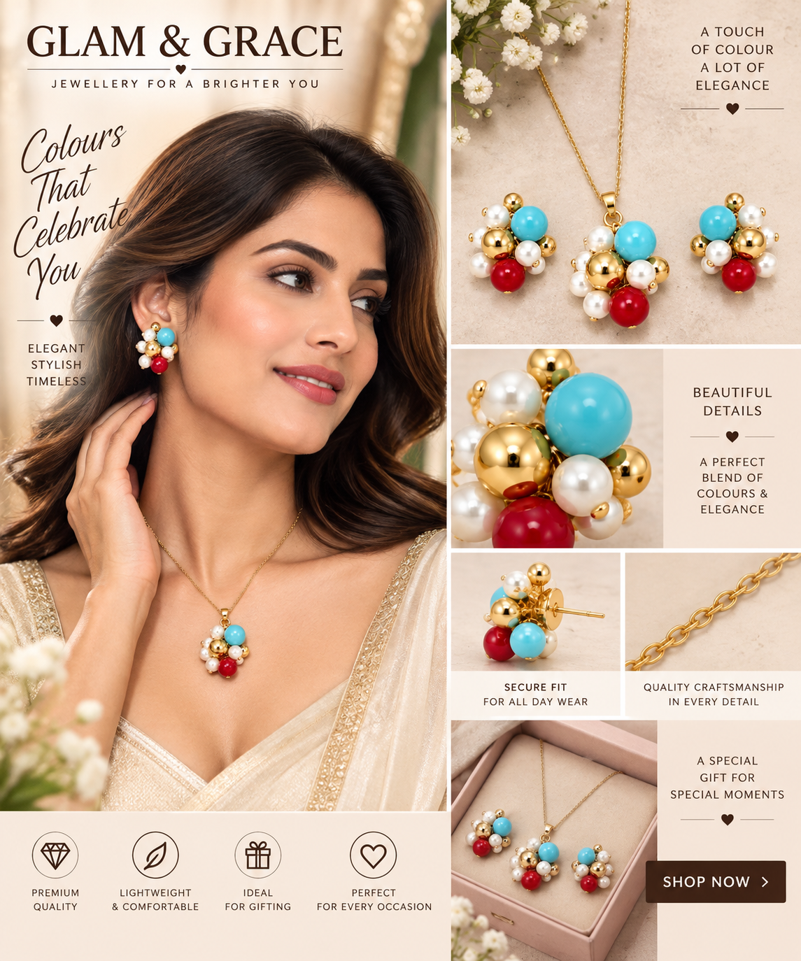 GLAM & GRACE Turquoise Blue, Red & Pearl Bead Necklace & Earrings Set