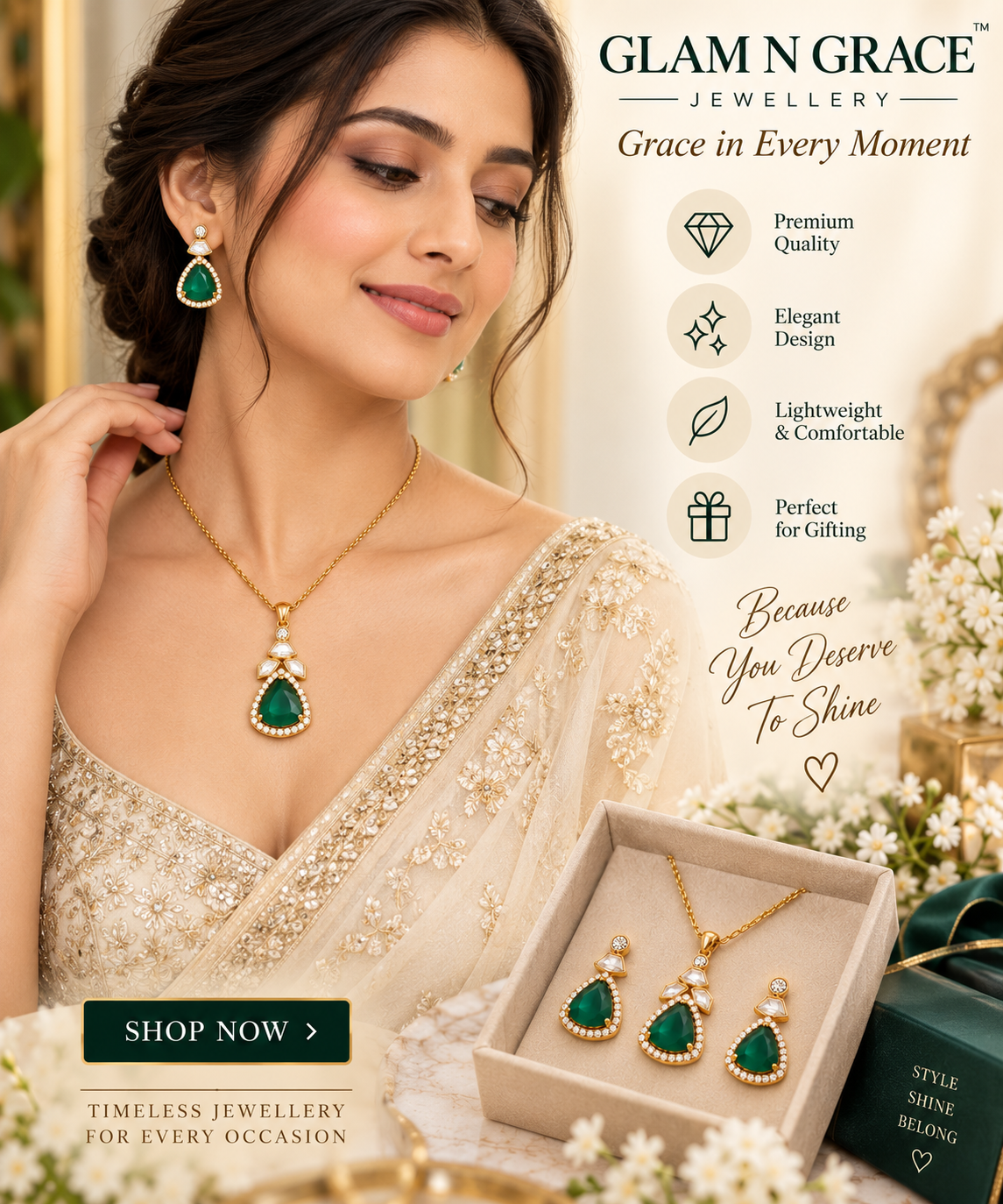 Green Stone Gold-Tone Necklace & Earrings Set