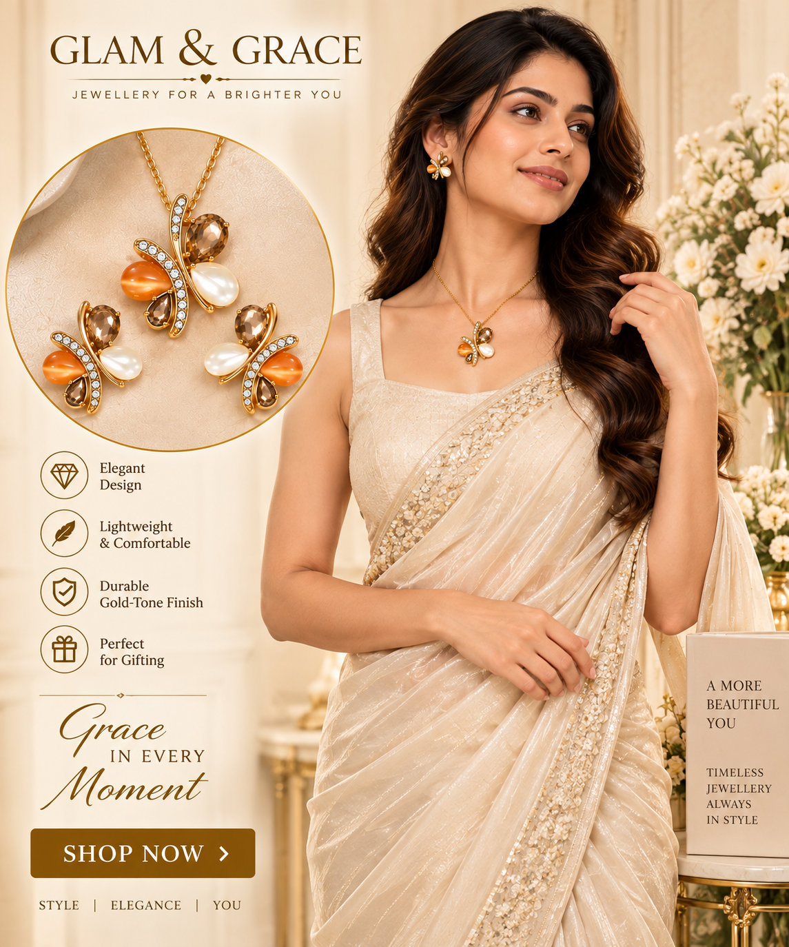GLAM & GRACE Golden-Tone Butterfly Necklace & Earrings Set