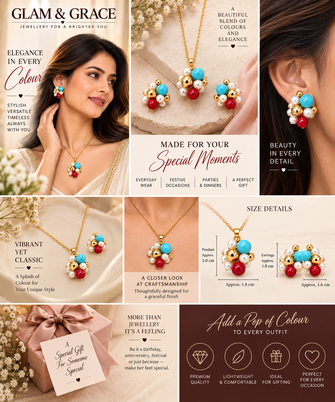 GLAM & GRACE Turquoise Blue, Red & Pearl Bead Necklace & Earrings Set