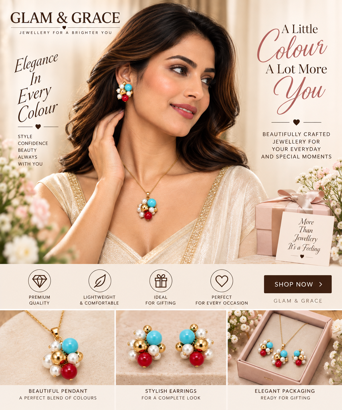 GLAM & GRACE Turquoise Blue, Red & Pearl Bead Necklace & Earrings Set