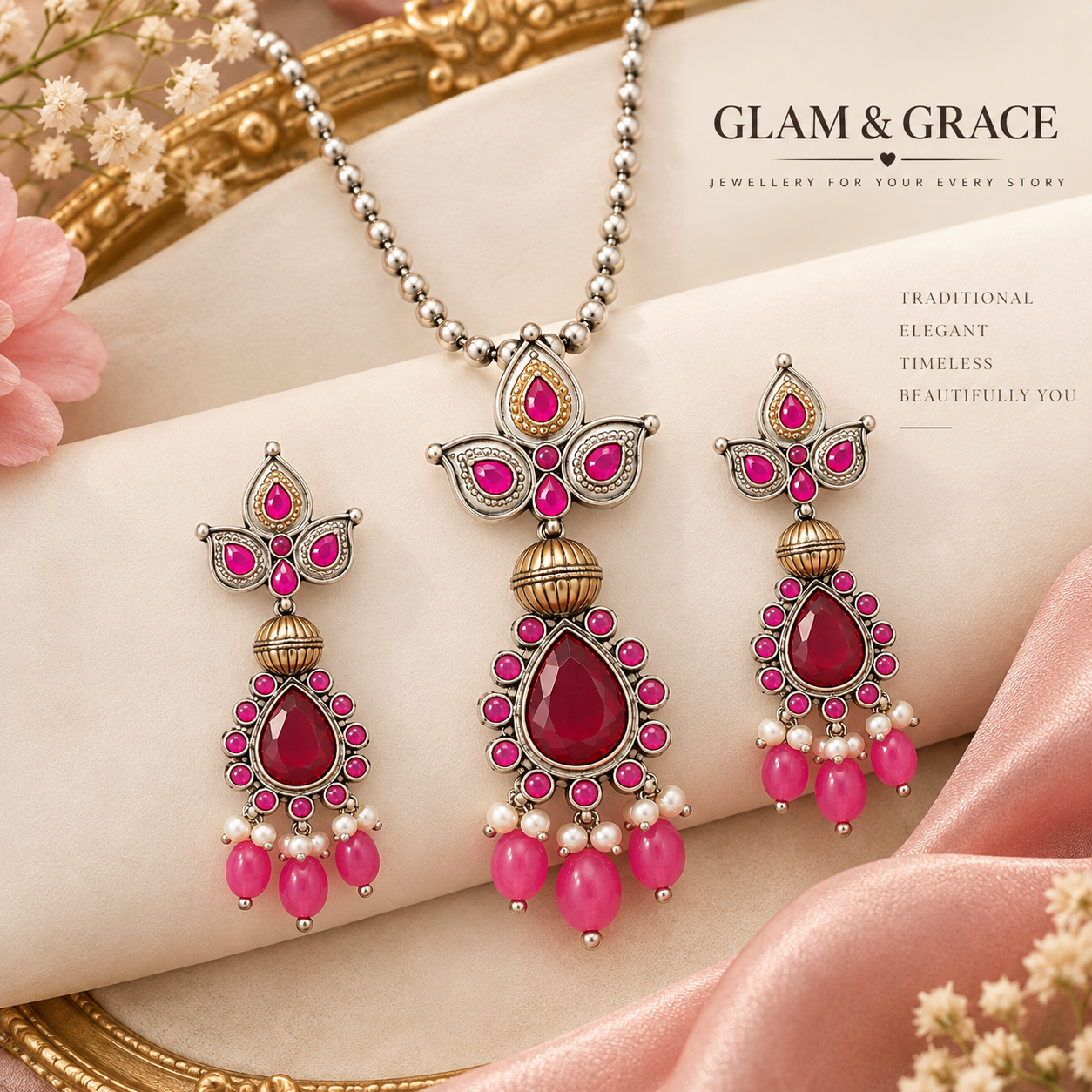 GLAM & GRACE Pink Stone Pendant Necklace & Earrings Set