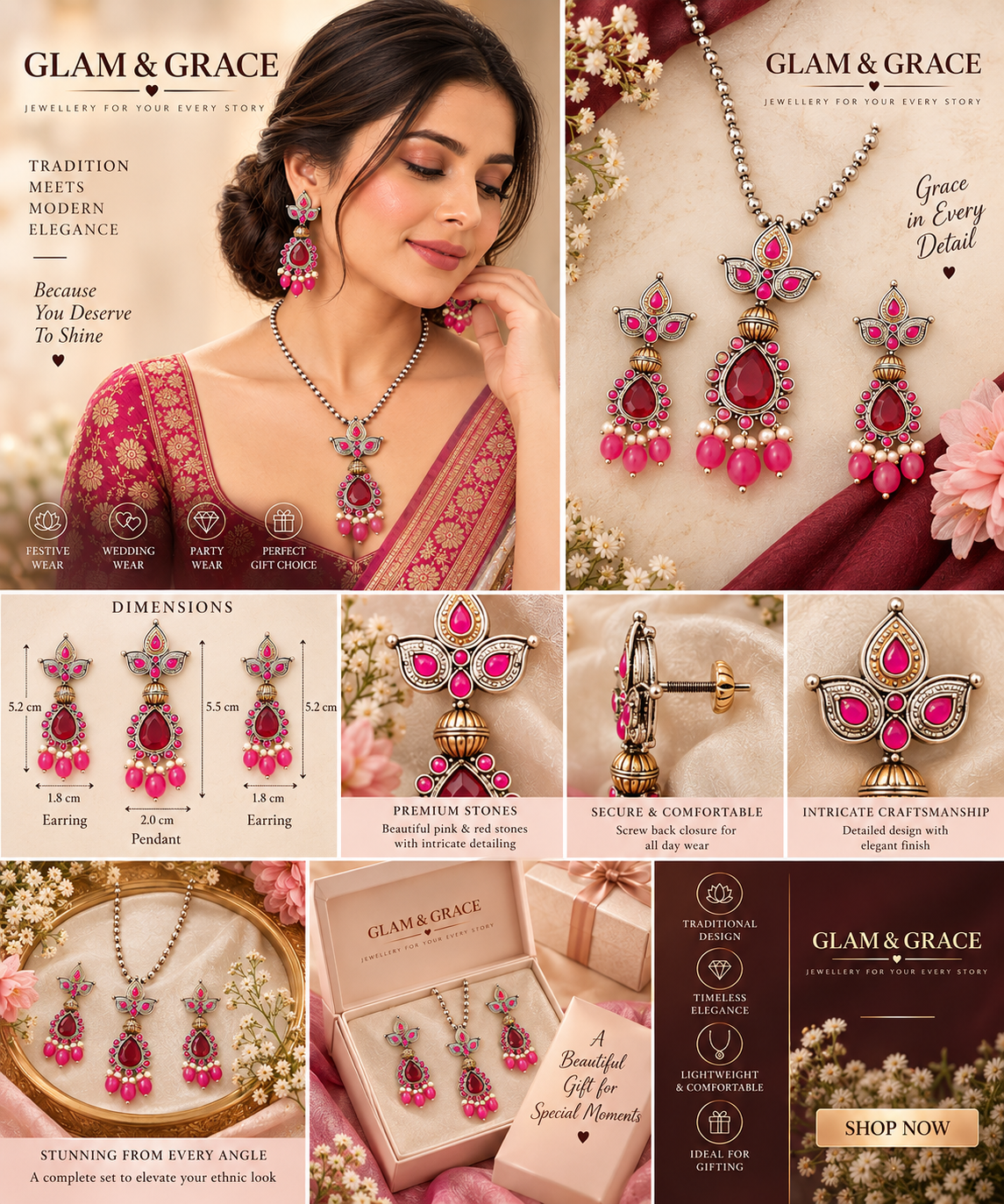 GLAM & GRACE Pink Stone Pendant Necklace & Earrings Set
