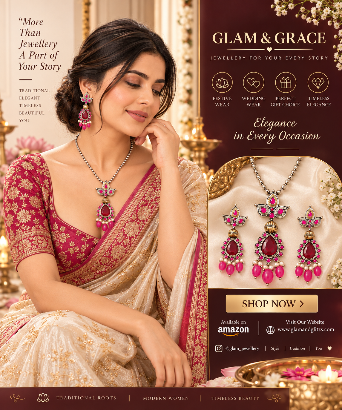 GLAM & GRACE Pink Stone Pendant Necklace & Earrings Set