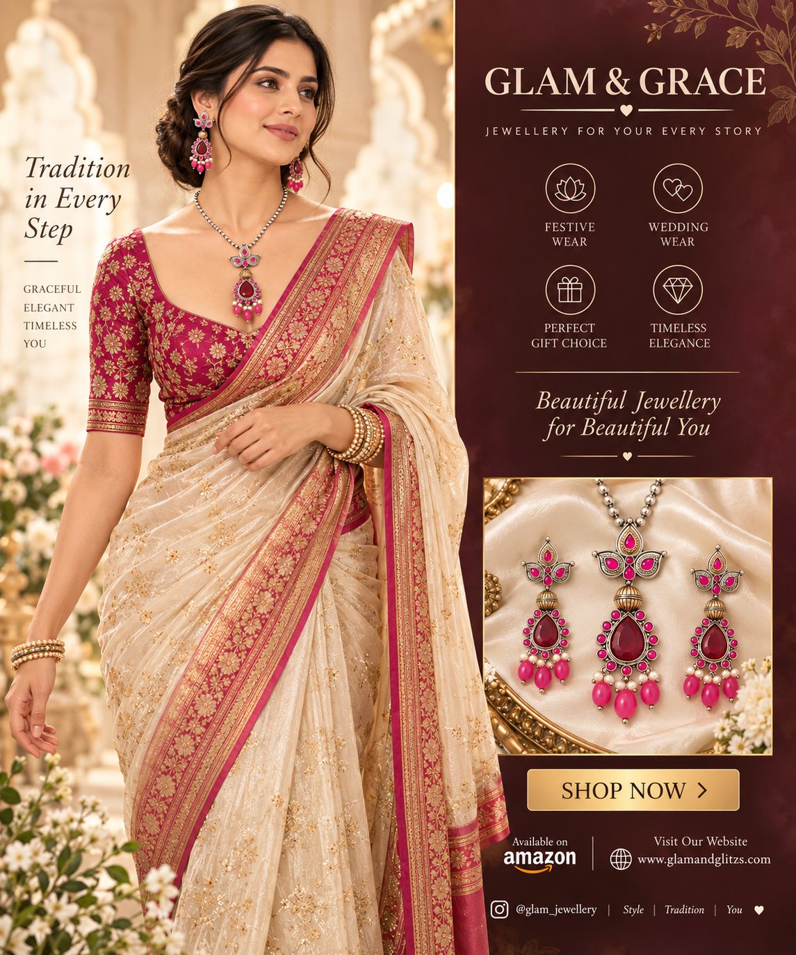 GLAM & GRACE Pink Stone Pendant Necklace & Earrings Set