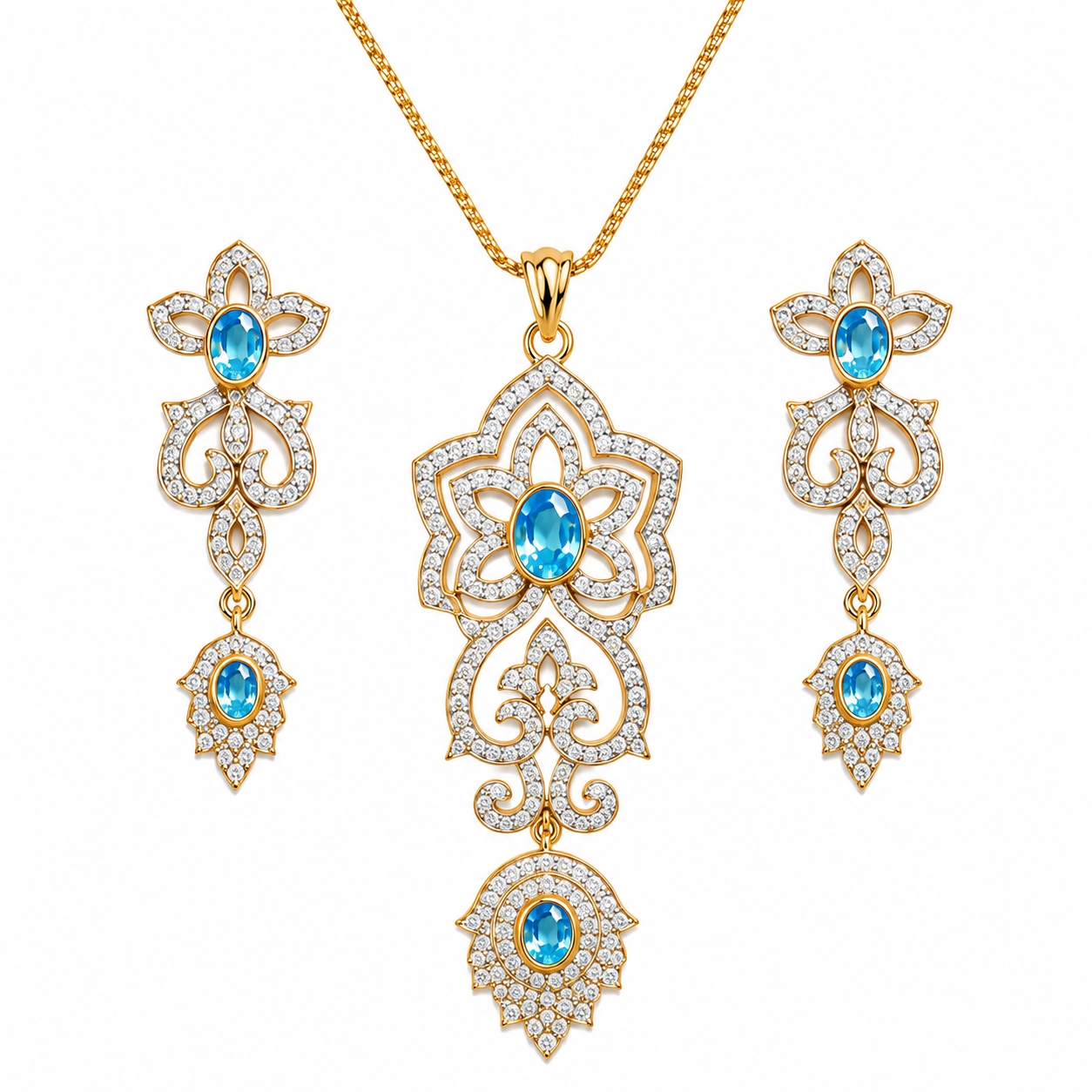Blue Stone Floral Pendant Necklace & Earrings Set