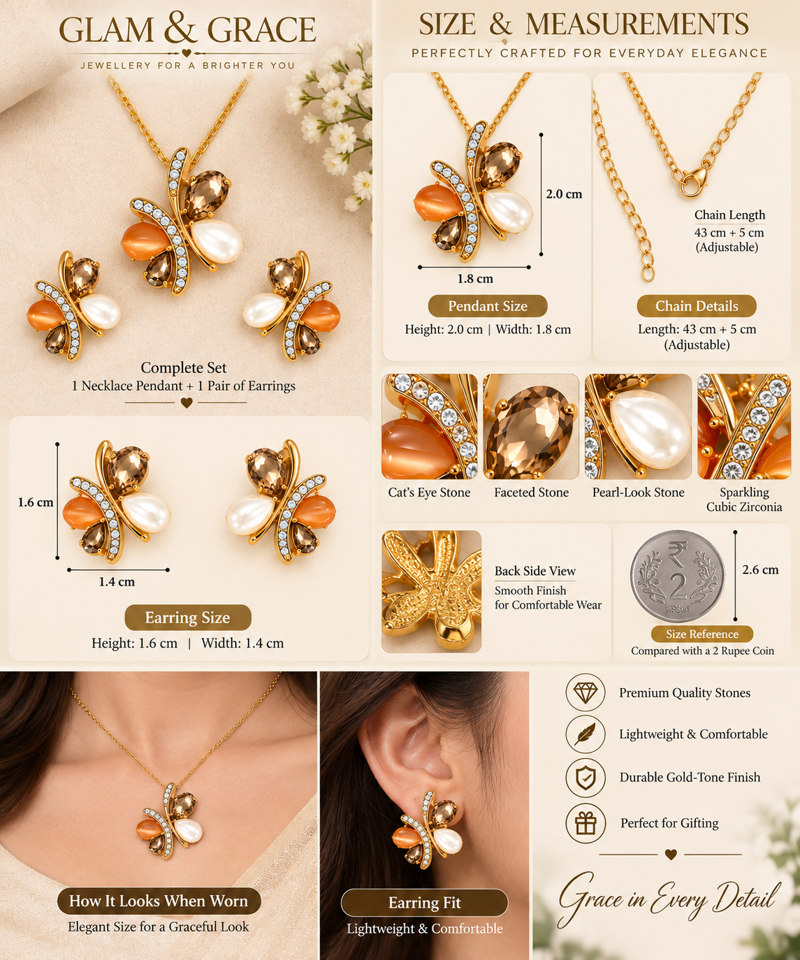 GLAM & GRACE Golden-Tone Butterfly Necklace & Earrings Set