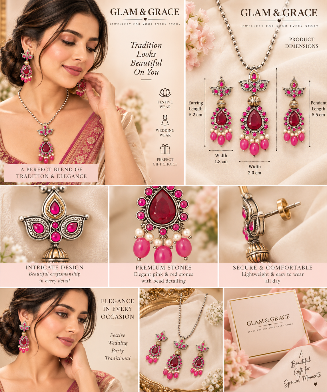 GLAM & GRACE Pink Stone Pendant Necklace & Earrings Set