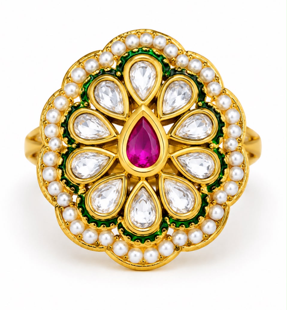 Royal Floral Kundan-Style Statement Ring with Pearl Border & Pink Centre Stone