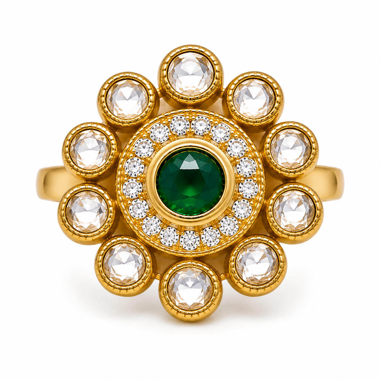 Emerald Green Floral Statement Ring with Crystal Halo