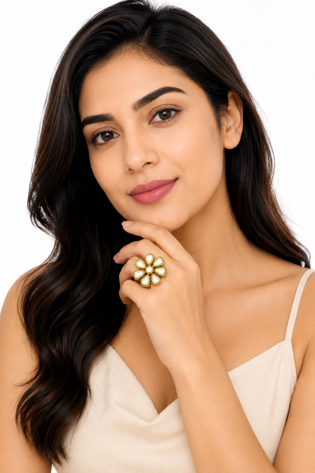 Floral Kundan-Style Statement Ring with Green Enamel Detailing