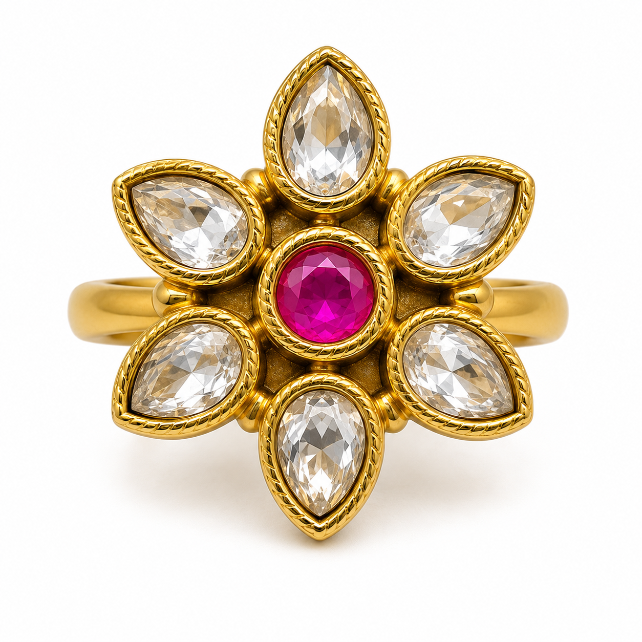 Elegant Floral Ring Design with Pink Centre Stone