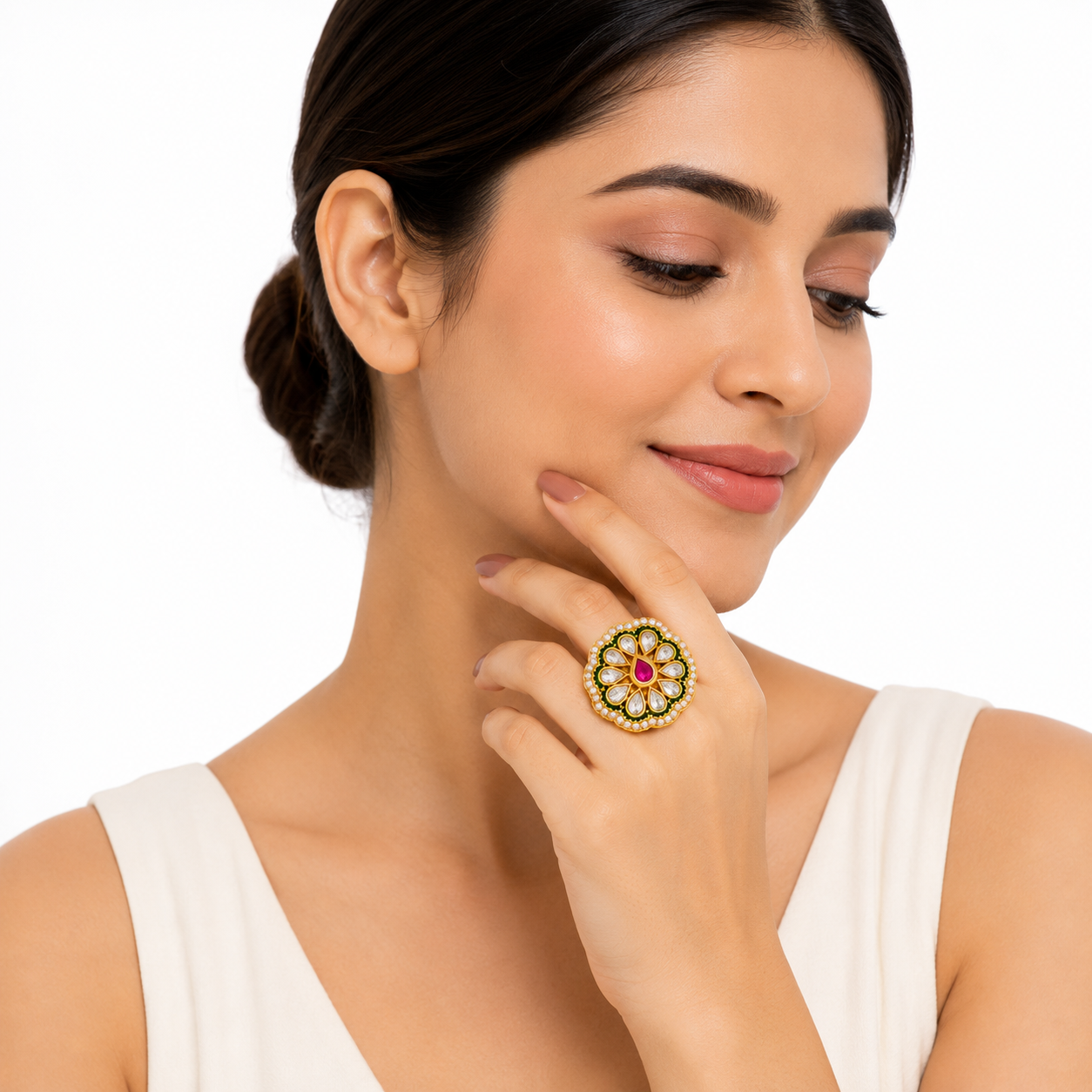Royal Floral Kundan-Style Statement Ring with Pearl Border & Pink Centre Stone