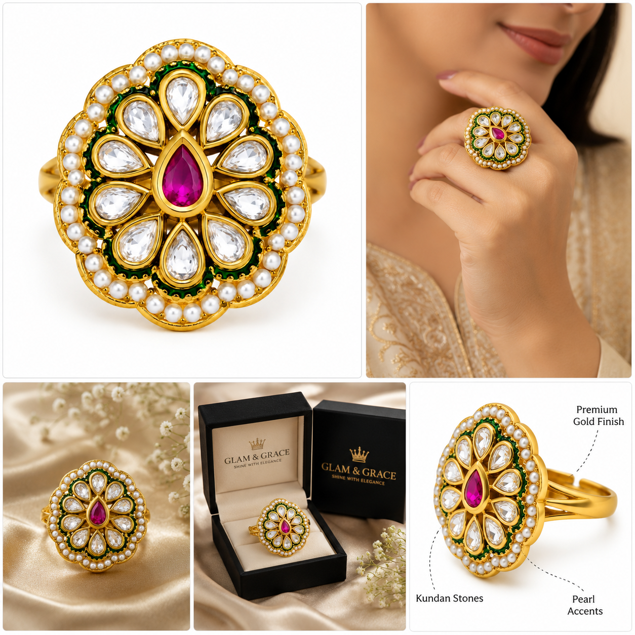 Royal Floral Kundan-Style Statement Ring with Pearl Border & Pink Centre Stone