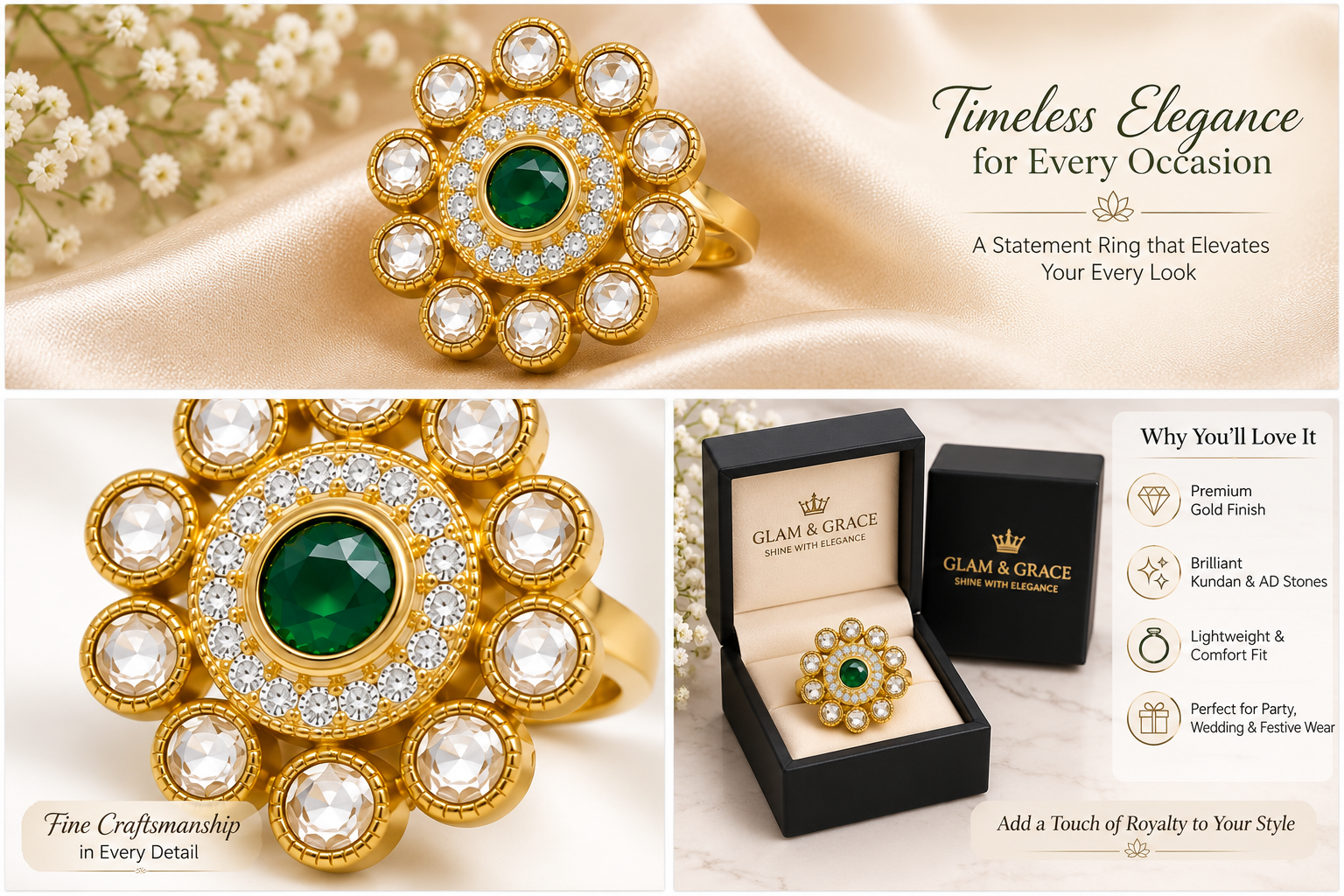 Emerald Green Floral Statement Ring with Crystal Halo