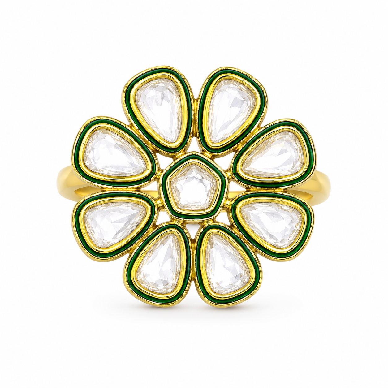 Floral Kundan-Style Statement Ring with Green Enamel Detailing