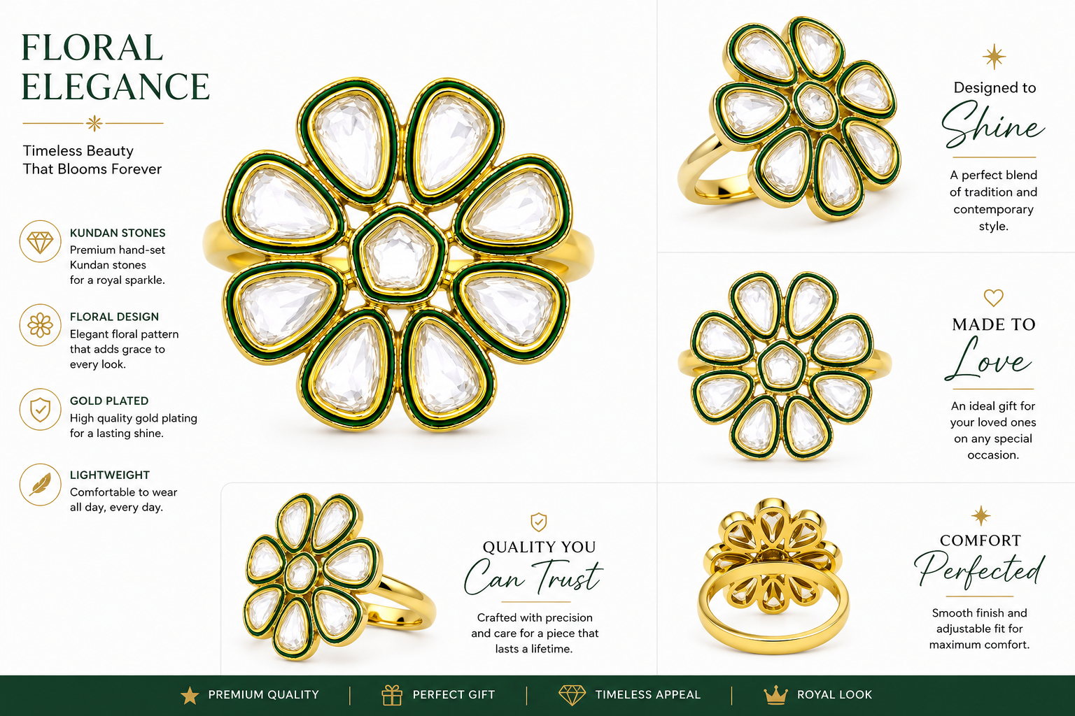 Floral Kundan-Style Statement Ring with Green Enamel Detailing