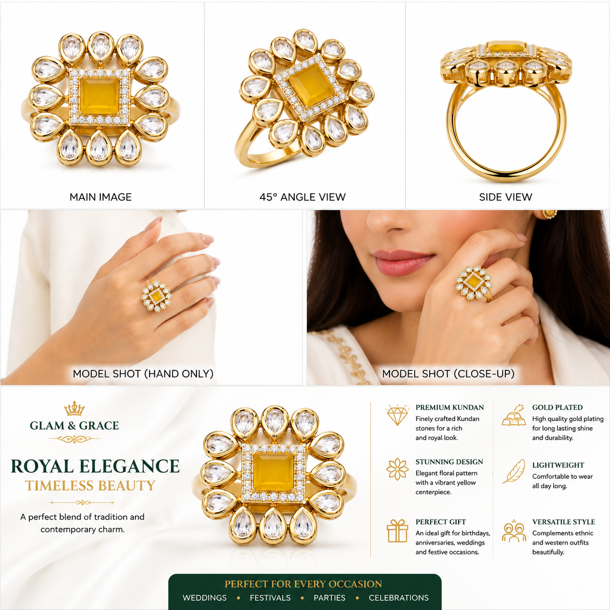 Sunburst Floral Ring Design with Golden Centre Stone